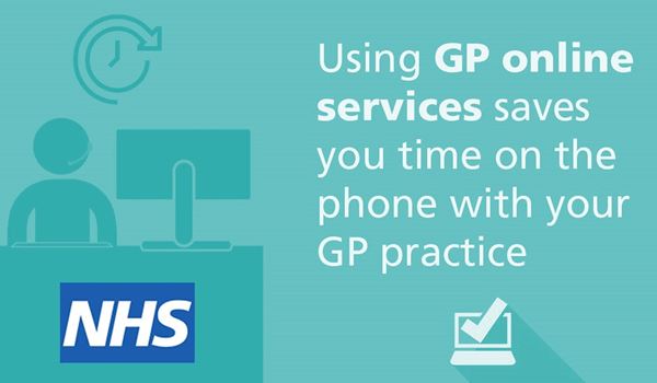 the NHS logo and the words using GP online services saves you time on the phone with your GP practice