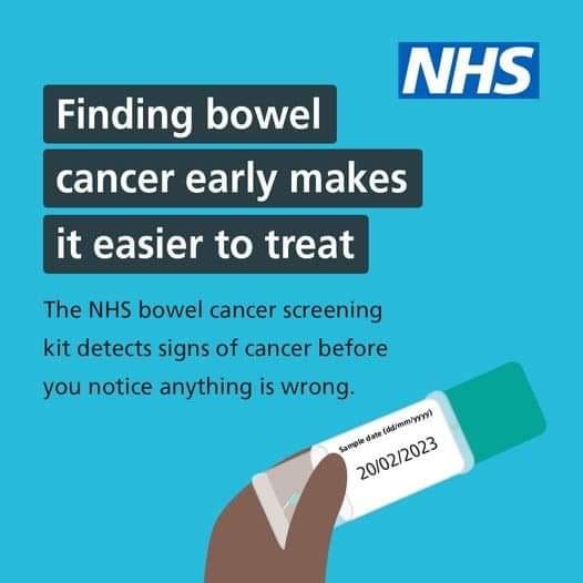 A cartoon hand holding a test result, the NHS logo and the words Finding bowel cancel early makes it easier to treat.  The NHS bowel cancel screening kit detects signs of cancel before you notice anything is wrong. 