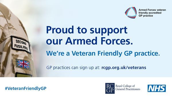 the Armed forces veteran friendly accredication logo and the words Proud to support our Armed Forces.  We're a Veteran Friendly GP Practice