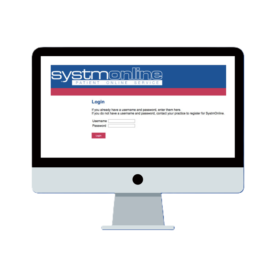 The SystmOnline Patient Online Account log in screen on a computer display