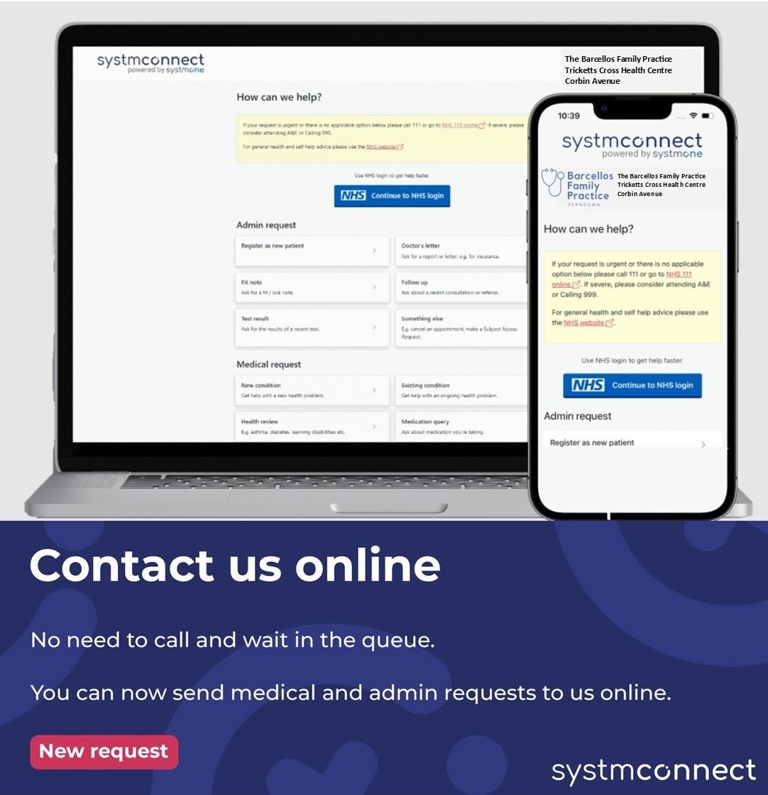 The SystmConnect on a computer screen and smartphone and the words Contact us online.  No need to call and wait in the queue.  You can now send medical and admin requests to us online.  The SystmConnect logo and New request icon